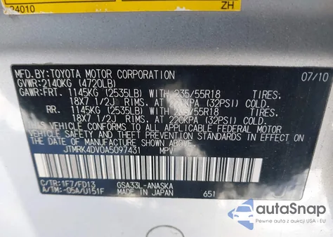 2010 Toyota Rav4 Sport V6 from USA, damaged, VIN JTMRK4DV0A5097431